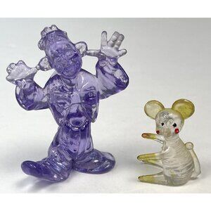 Lot 2 Mid-Century Lucite 2.5" Purple Clown & 1.5" Yellow Mouse Penny Toys Figure